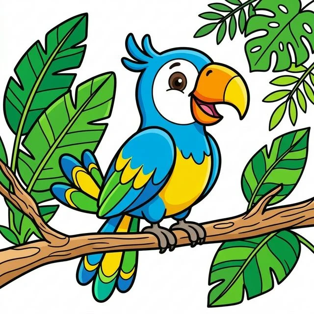 Parrot sitting on tropical branch with colorful feathers coloring page for kids — free printable
