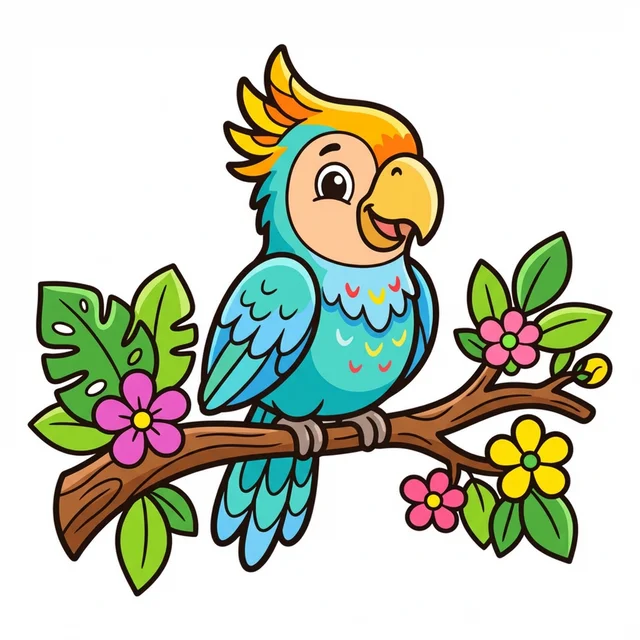 A parrot sitting on a tropical branch with leaves and flowers coloring page.