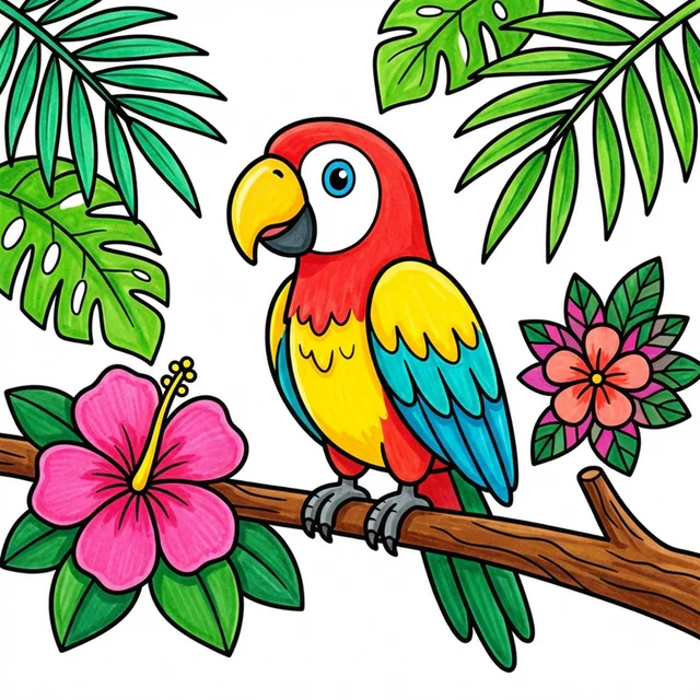 Colorful parrot in tropical paradise coloring page for kids