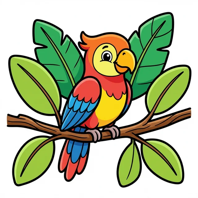 A colorful parrot on a tropical tree branch coloring page.