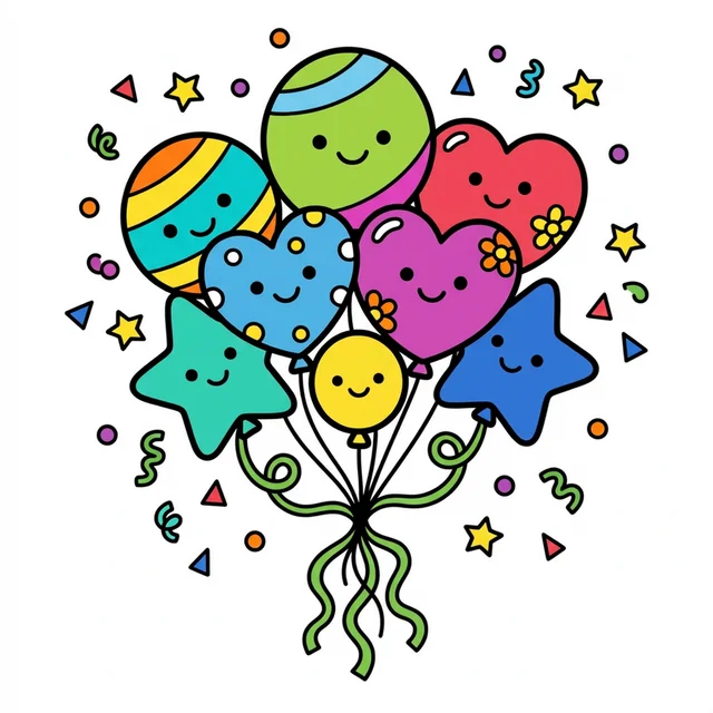 Colorful party balloons with ribbons and confetti coloring page.