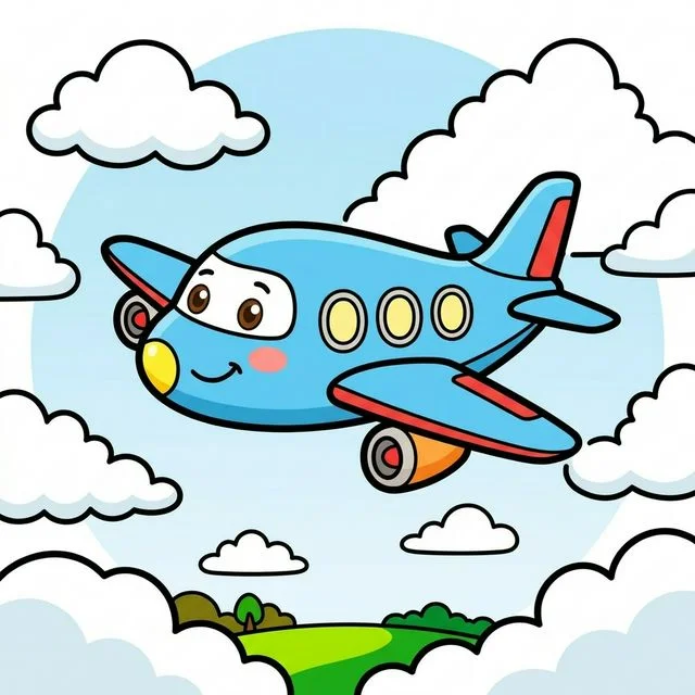 Passenger airplane flying high in sky through clouds coloring page for kids — free printable