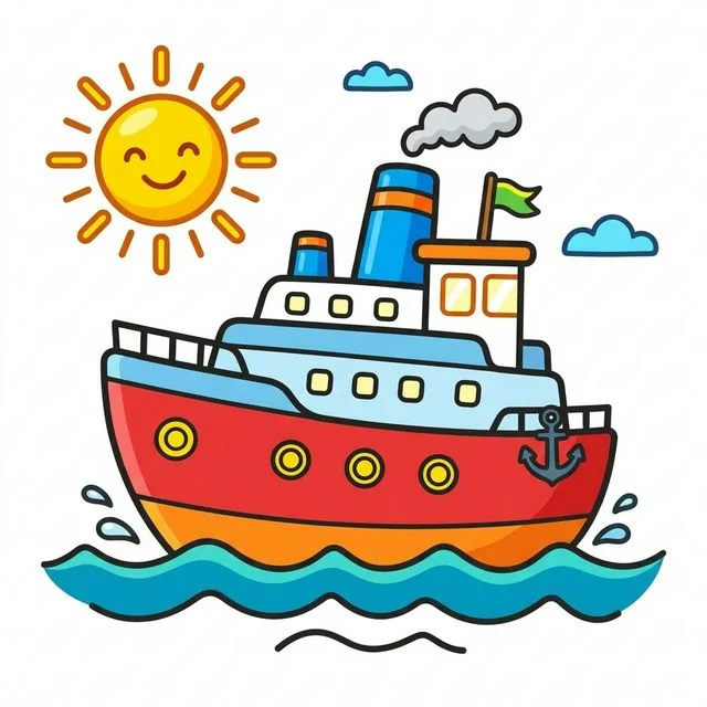 Passenger cruise ship sailing on ocean with waves and sun in sky coloring page for kids — free printable
