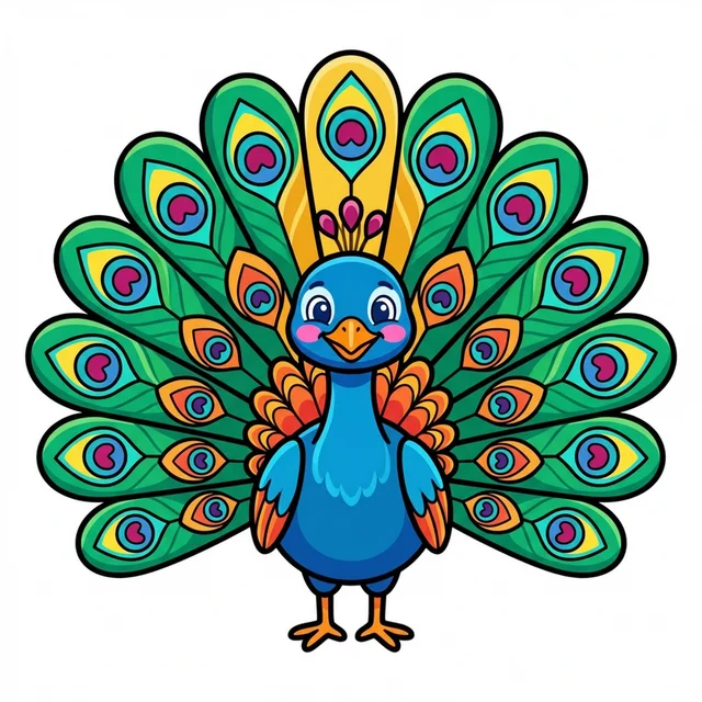 A peacock with beautiful fanned tail feathers coloring page.