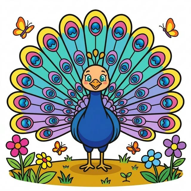 Peacock with fanned tail feathers in garden coloring page for kids — free printable