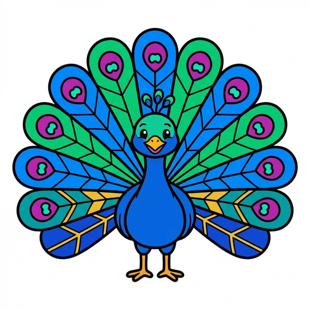 Beautiful peacock with tail feathers spread coloring page for kids