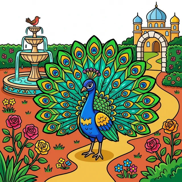 Peacock with spread tail feathers in royal garden coloring page
