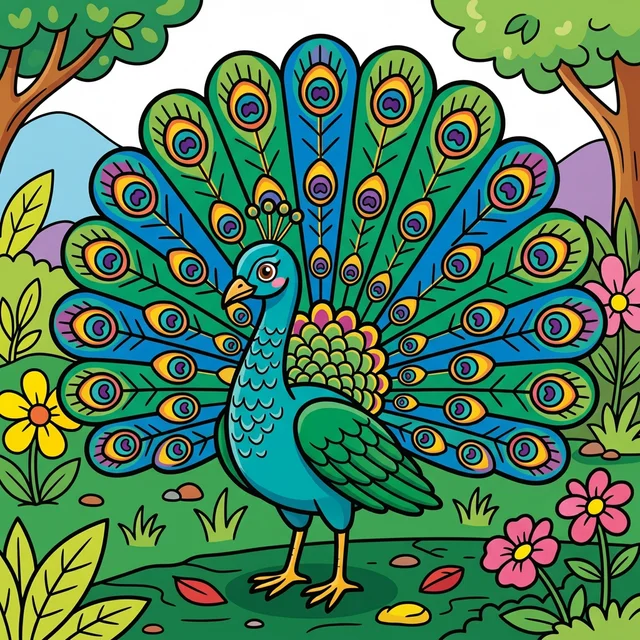 Peacock displaying tail feathers coloring page for kids