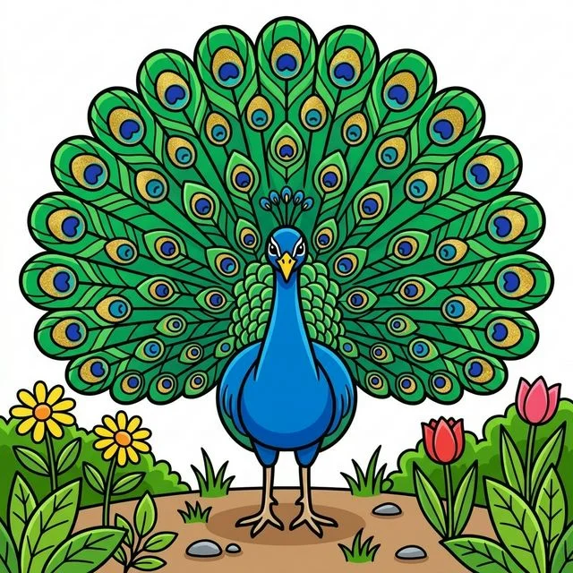 Peacock spreading beautiful tail feathers coloring page for kids