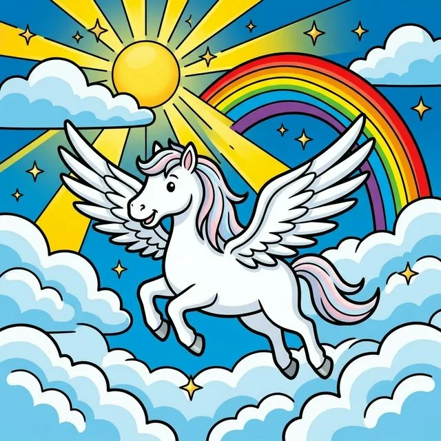 Pegasus flying through clouds with rainbow coloring page for kids