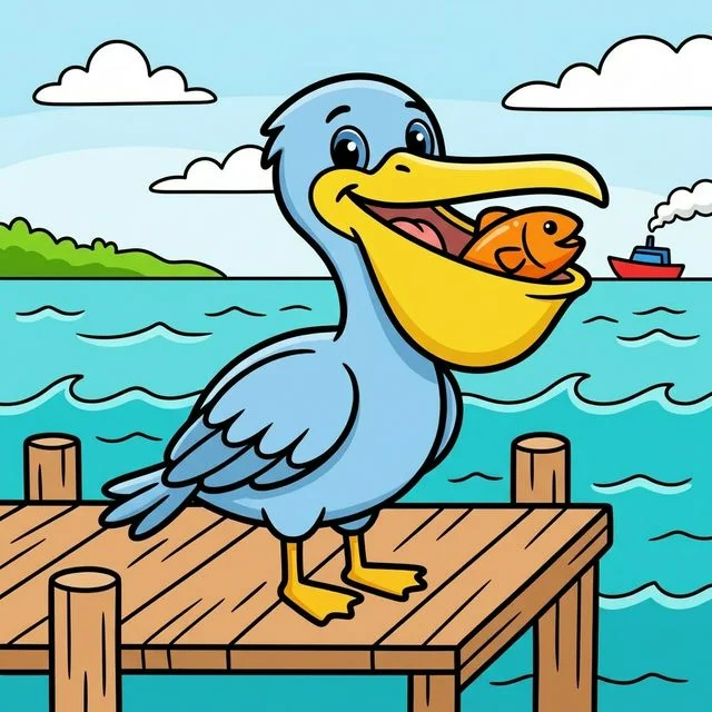 Pelican with big pouch beak on dock by ocean with fish coloring page for kids — free printable