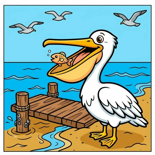 Pelican catching fish near dock coloring page for kids