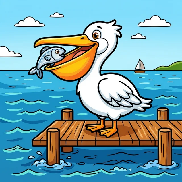 Pelican catching fish on dock coloring page for kids