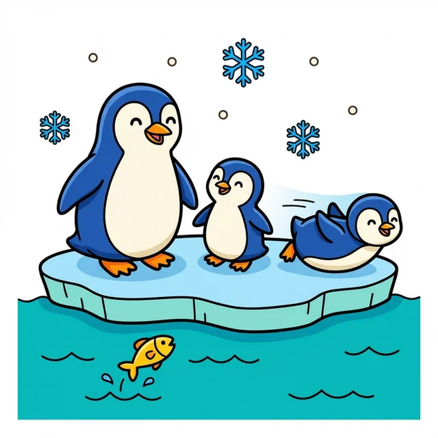 Penguin family with baby penguins on ice coloring page