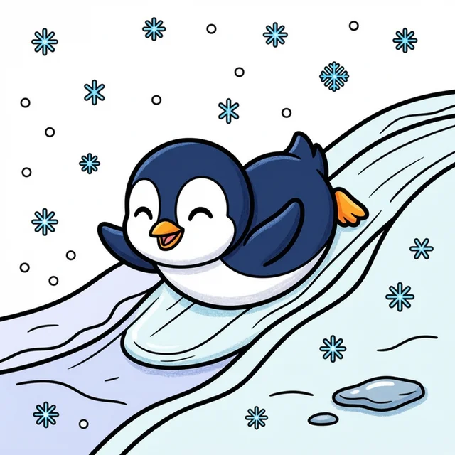 Cute penguin sliding on ice coloring page for kids
