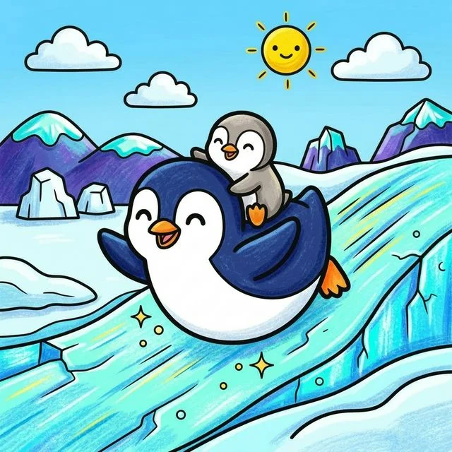 Penguin sliding on ice with baby penguin in Antarctica coloring page for kids — free printable