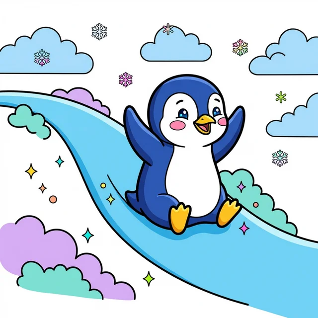 Cute baby penguin sliding down a snowy hill coloring page for kids