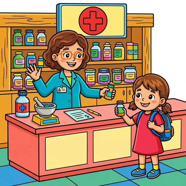 Pharmacist behind pharmacy counter with medicines coloring page