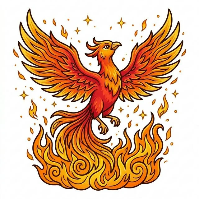 Majestic phoenix rising from flames coloring page for kids