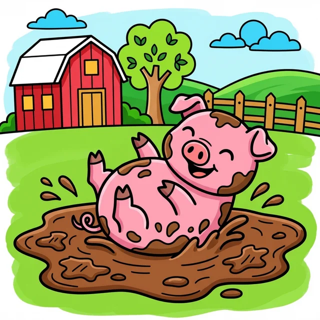 Cute pig rolling in mud puddle on farm coloring page for kids