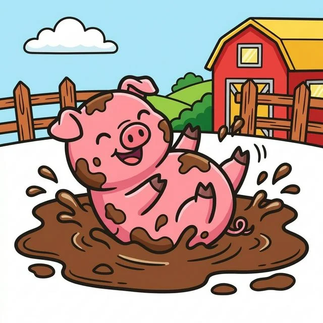 Happy pig rolling in mud puddle on farm coloring page for kids — free printable