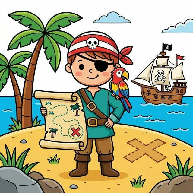 Pirate kid on treasure island with parrot coloring page for kids
