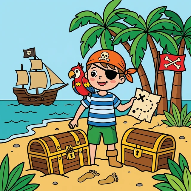 Kid pirate holding treasure map on desert island coloring page