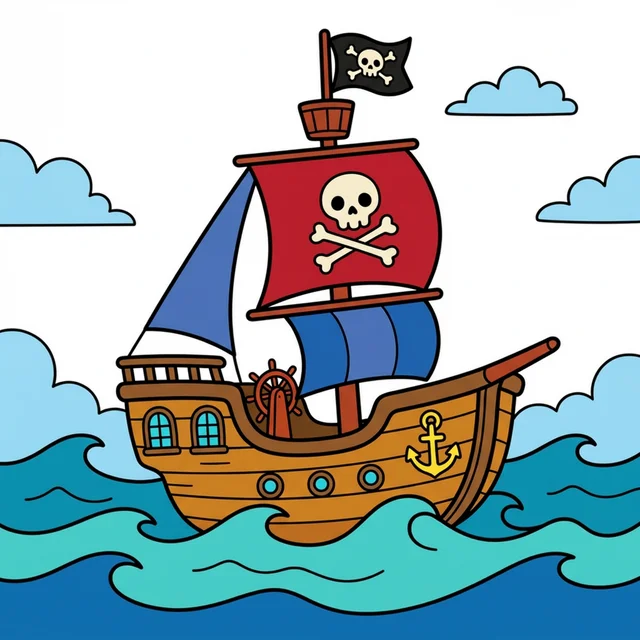 A pirate ship sailing on the ocean with skull flag coloring page.
