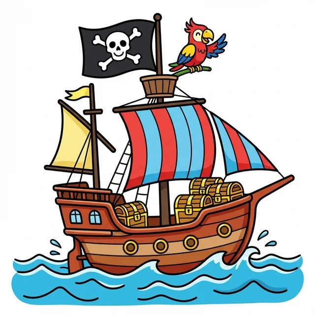 Cute pirate ship sailing on ocean waves coloring page for kids