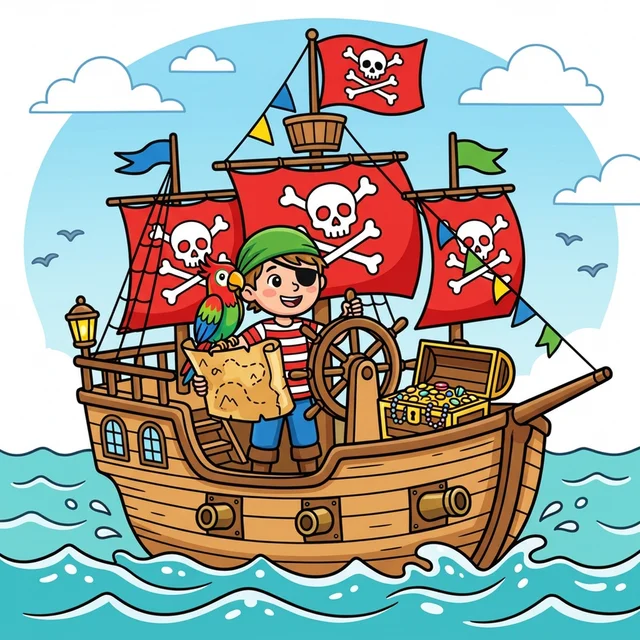 Kid pirate on ship with treasure map coloring page