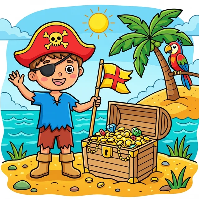 Kid pirate with treasure chest on island coloring page