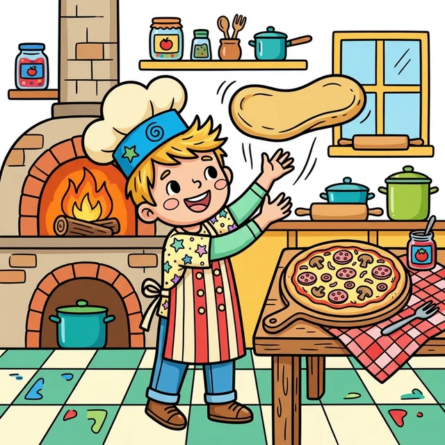 Kid chef making pizza coloring page