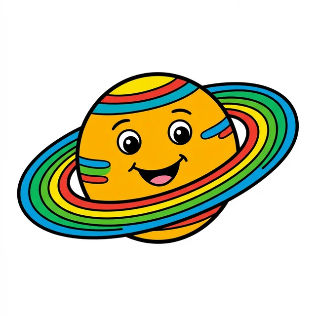 A black and white coloring page of a cartoon planet Saturn with big rings and a smiling face.