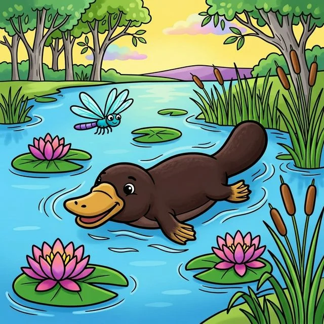 Platypus swimming in Australian river coloring page for kids