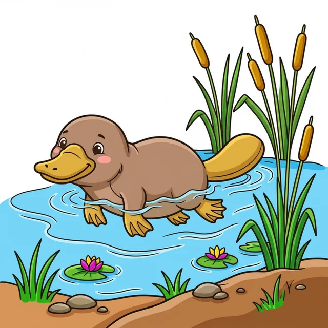 A cute platypus swimming in a pond coloring page.