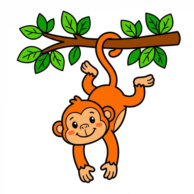 A black and white line drawing of a playful cartoon monkey hanging from a branch.