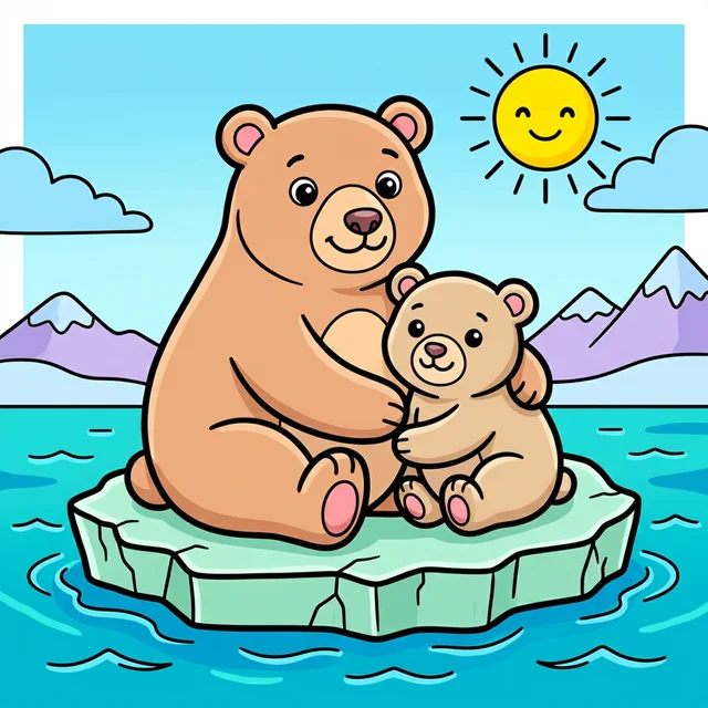 A polar bear mom and cub on ice coloring page.
