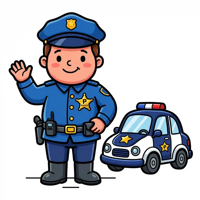 A police officer standing next to a police car coloring page.