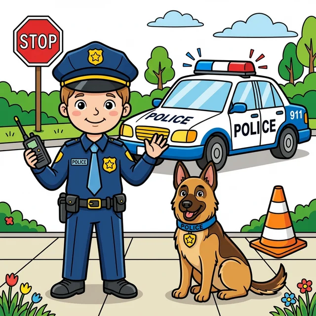 Kid police officer standing next to police car with dog coloring page
