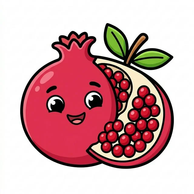 Pomegranate split open showing seeds coloring page for kids — free printable