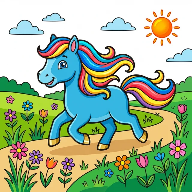 A pony running through a meadow with flowers coloring page.