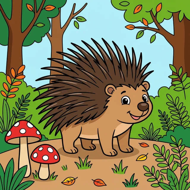 Cute porcupine in forest with mushrooms coloring page for kids