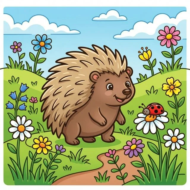 Porcupine with wildflowers in meadow coloring page for kids