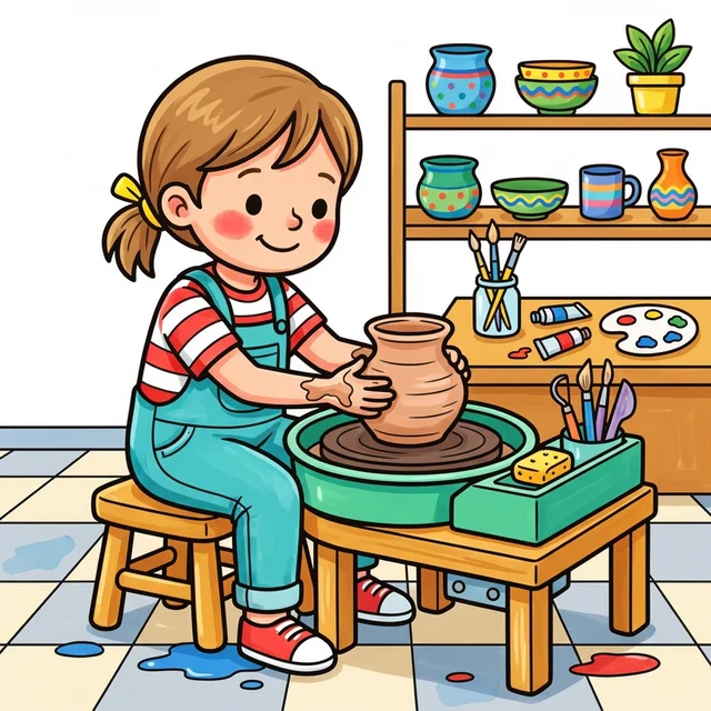 Kid making clay vase on pottery wheel coloring page