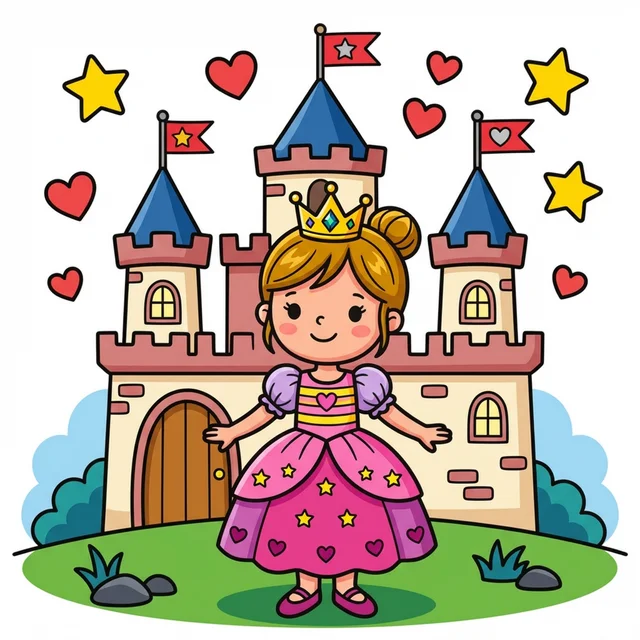 A princess with a crown in front of a castle coloring page.