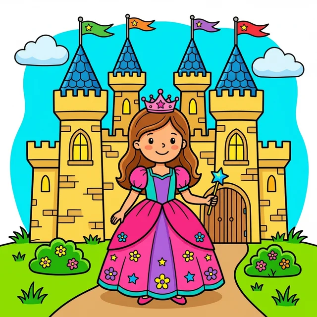 Princess standing in front of fairy tale castle coloring page