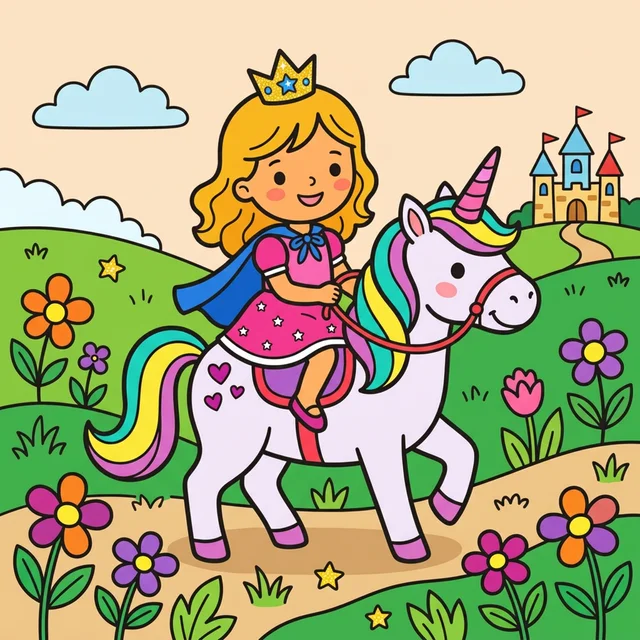 Princess riding unicorn coloring page for kids