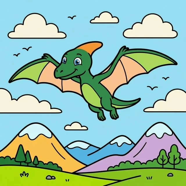 Pterodactyl flying with big wings over mountains coloring page for kids — free printable