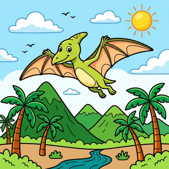 Cute pterodactyl flying over mountains coloring page for kids