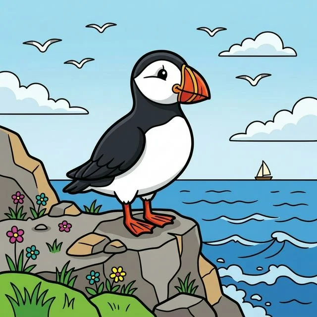 Puffin on rocky seaside cliff coloring page for kids